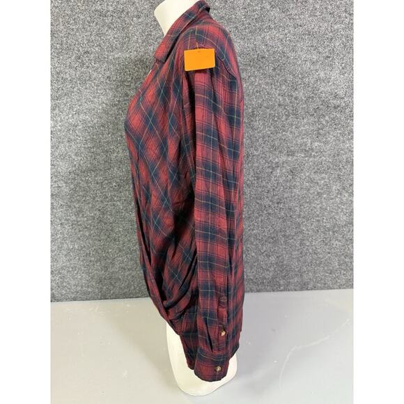 Abercrombie & Fitch Shirt Medium Twist Front Hi Low Hem Red Plaid Long Sleeve - Picture 2 of 11